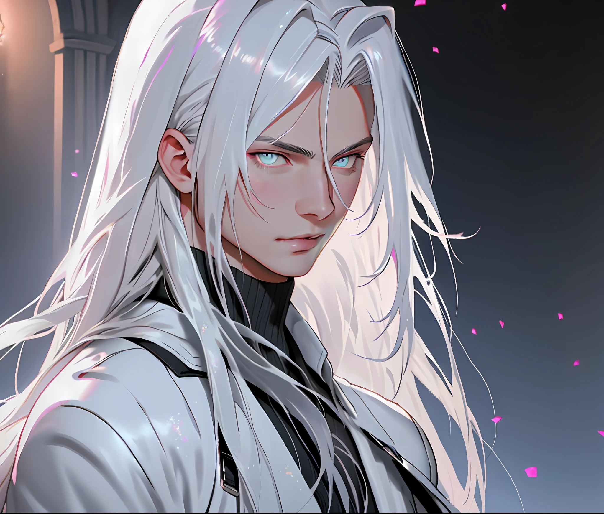 masterpiece, highest quality, (perfect face:1.1), (high detail:1.1), angel with long voluminous white hair, soft hair, (sephiroth), final fantasy, neon white eyes, solo ,1guy, long hair, black luxury suit, Rose Garden detailed background, realistic, covered navel, pouty lips, curvy guy, perfectly drawn face, cinematic lighting, balenciaga, glitter