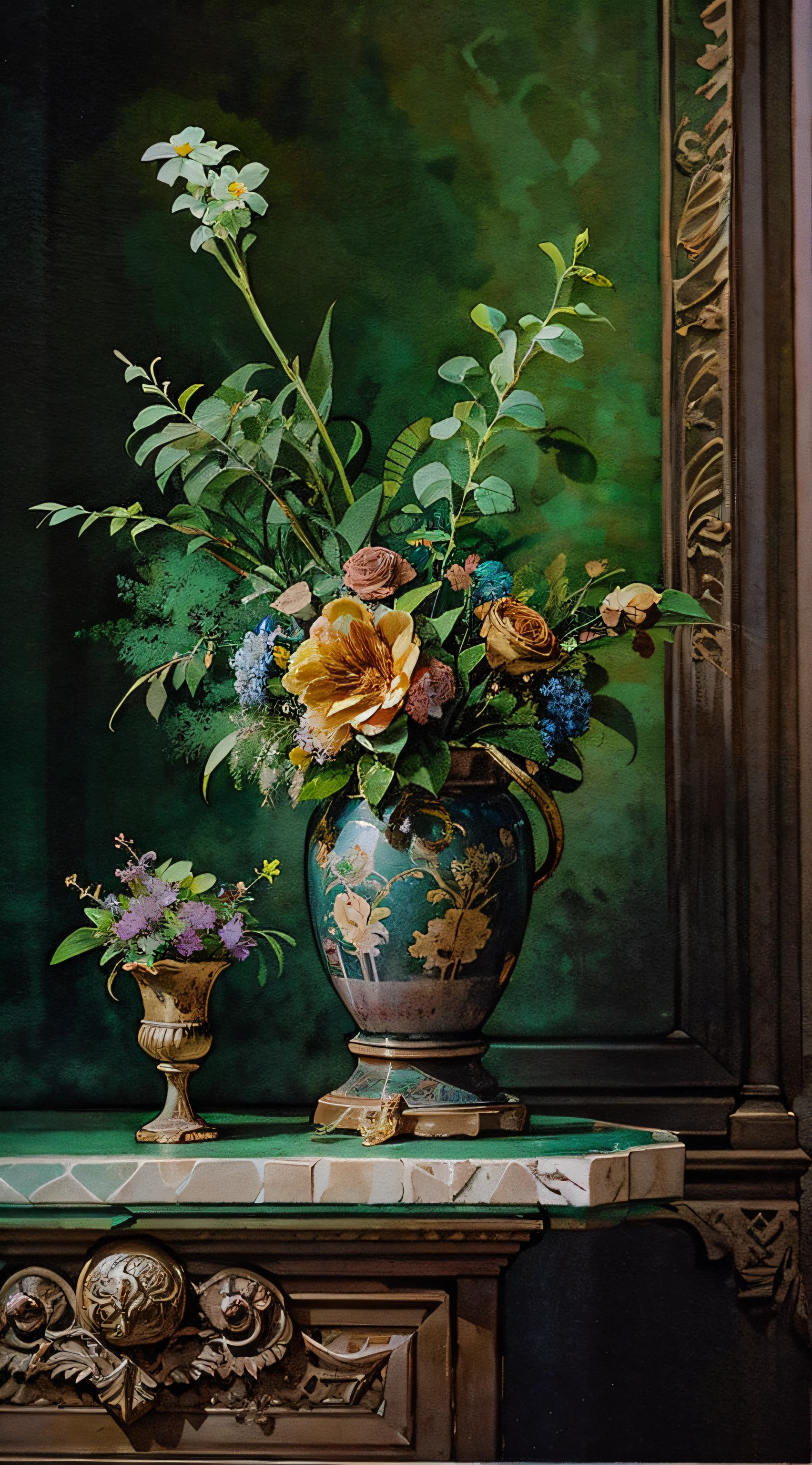 bodegón con flores en jarrón, joyería histórica, en el entorno interior histórico, cuarto oscuro, iluminación cinematográfica, iluminación de contraste, acuarela --ar 4:5 --estilo crudo --v 5.2