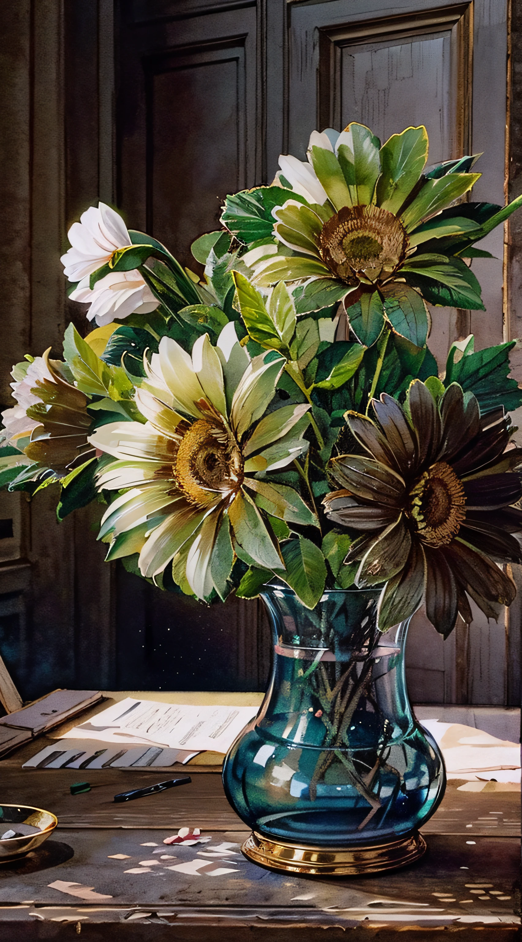 still life with flowers in vase, historical jewelry, in the historical interior environment, darkened room, cinematic lighting, contrast lighting, watercolor --ar 4:5 --style raw --v 5.2