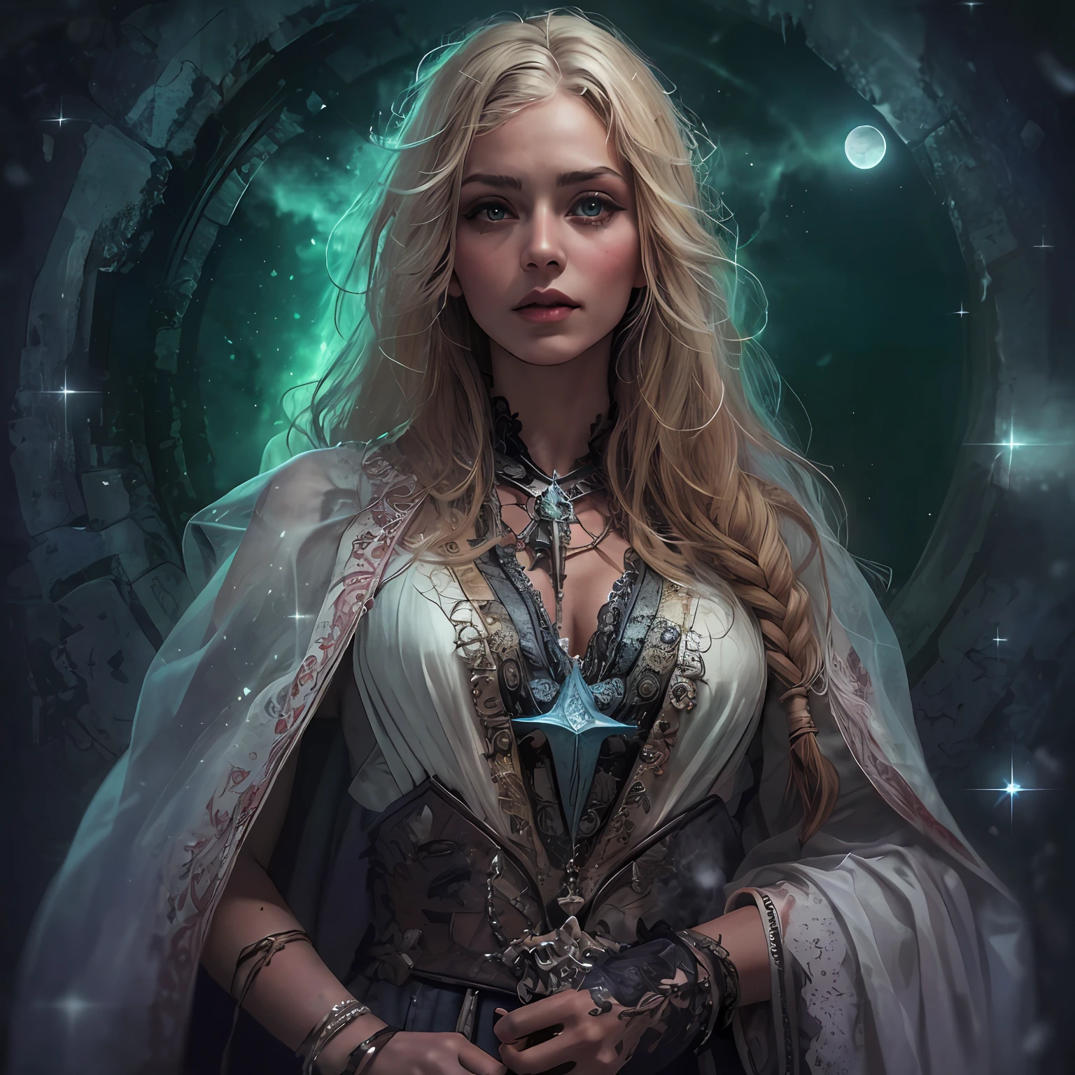 high details, best quality, 8k, [ultra detailed], masterpiece, best quality, (extremely detailed), dynamic angle, ultra wide shot, photorealistic, dark fantasy art,  gothic art, dark RPG art, realistic art, an ultra wide picture of female human cleric, holding a spear, wearing black cloak, black robe with stars sigils (1.5 intricate details, Masterpiece, best quality), holy symbol casting a spell, white magical sigils (1.5 intricate details, Masterpiece, best quality), stars and moon symbol, blue light from symbol, blond hair (1.5 intense details, Masterpiece, best quality), long hair, braided hair, small, intense eyes, green eyes, moon and strars background, ((divine worship atmosphere)), moon light high details, best quality, highres, ultra wide angle