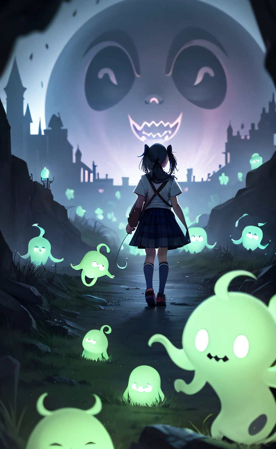 masterpiece, best quality,  exploring a haunted theme park, haunted by cute chibi ghosts, cute, whimsical, glow, glowing, fun, silly, mystical, magical, arcane, funny, amusing
