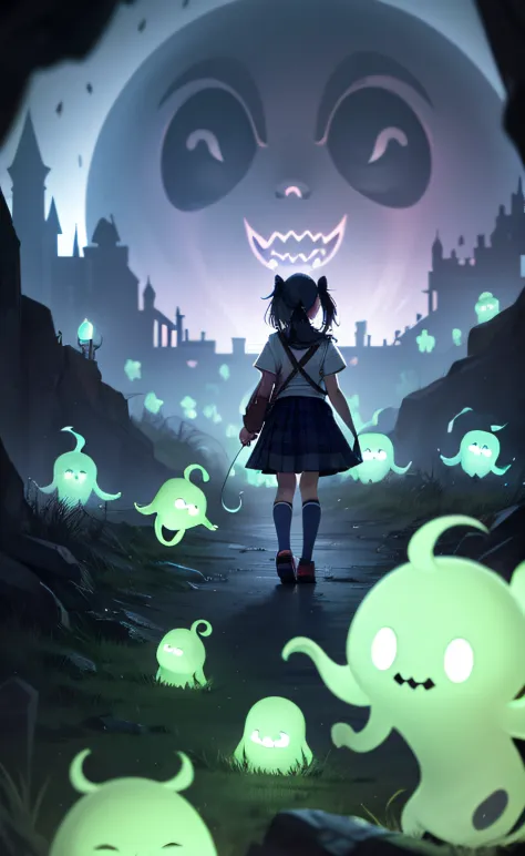 masterpiece, best quality, schoolgirl exploring a haunted theme park, haunted by cute chibi ghosts, cute, whimsical, glow, glowi...