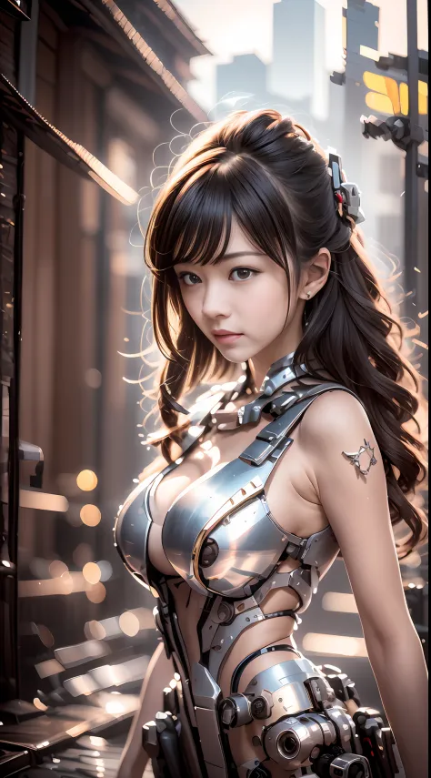 high high quality，8K分辨率，real photograph，A mech girl with long hair，brown  hair，（Large breasts：1.1），ChineseGirl，tight-fitting，nab...