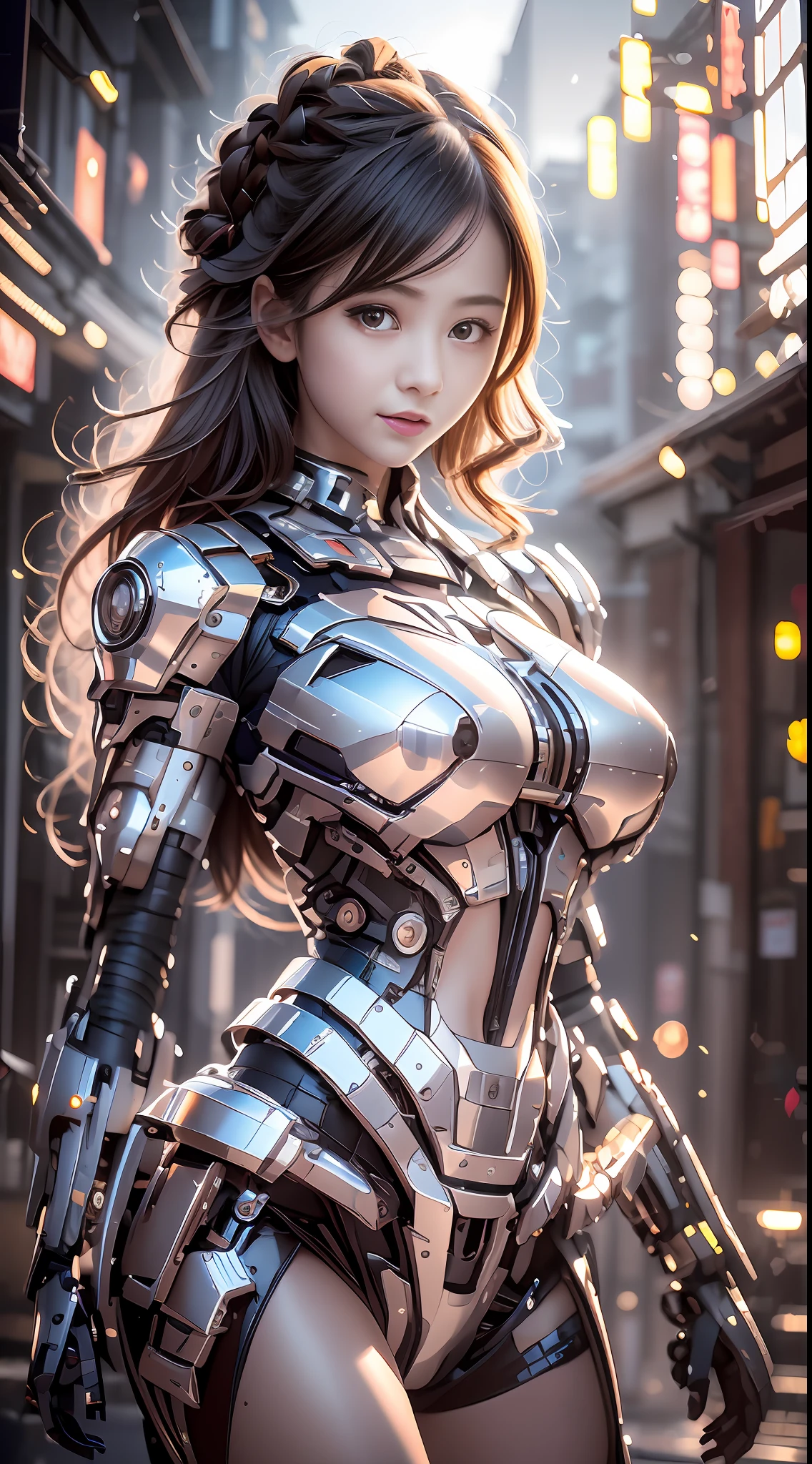 high high quality，8K resolution，real photograph，A mech girl with long hair，brown  hair，（Large breasts：1.1），ChineseGirl，tight-fitting，navel，Shitu-mecha behind the girl，Magnificent，Chinese house，War-damaged ruins，Photo by Brandon Wolfermüster，Surreal dreams，dyna，LUT，HDRM professional lighting，photon maping，Radio City，physically-based renderingt，Refined realism，Aray's dynamic and expressive animations，（Sunnyday：1.2），（Afternoon on the street：1.1）。