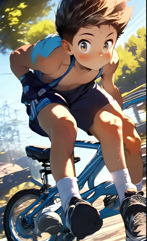 ((Masterpiece)), (best qualityer), (1boy:1.2), (8 year old:1.2), wearing a workout outfit, and bicycle shorts, Riding a bicycle, Ride at high speed, Road, Sea, Close up, wind blown, Motion blur, speed-line, (from the front side),