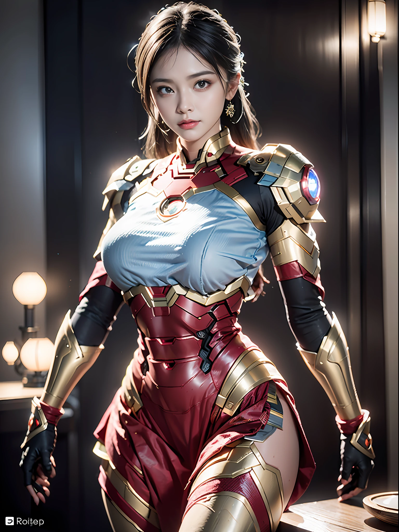 (Best Quality), ((Masterpiece), (Detail: 1.4), 3D, A Beautiful Iron Man Female Figure, HDR (High Dynamic Range), Ray Tracing, NVIDIA RTX, Super-Resolution, Unreal 5, Subsurface Scattering, PBR Textures, Post Processing, Anisotropic Filtering, Depth of Field, Maximum Sharpness and Sharpness, Multi-layer Textures, Albedo and Highlight Maps, Surface Shading, Accurate simulation of light-material interactions, perfect proportions, Octane Render, two-color light, large aperture, low ISO, white balance, rule of thirds, 8K RAW,