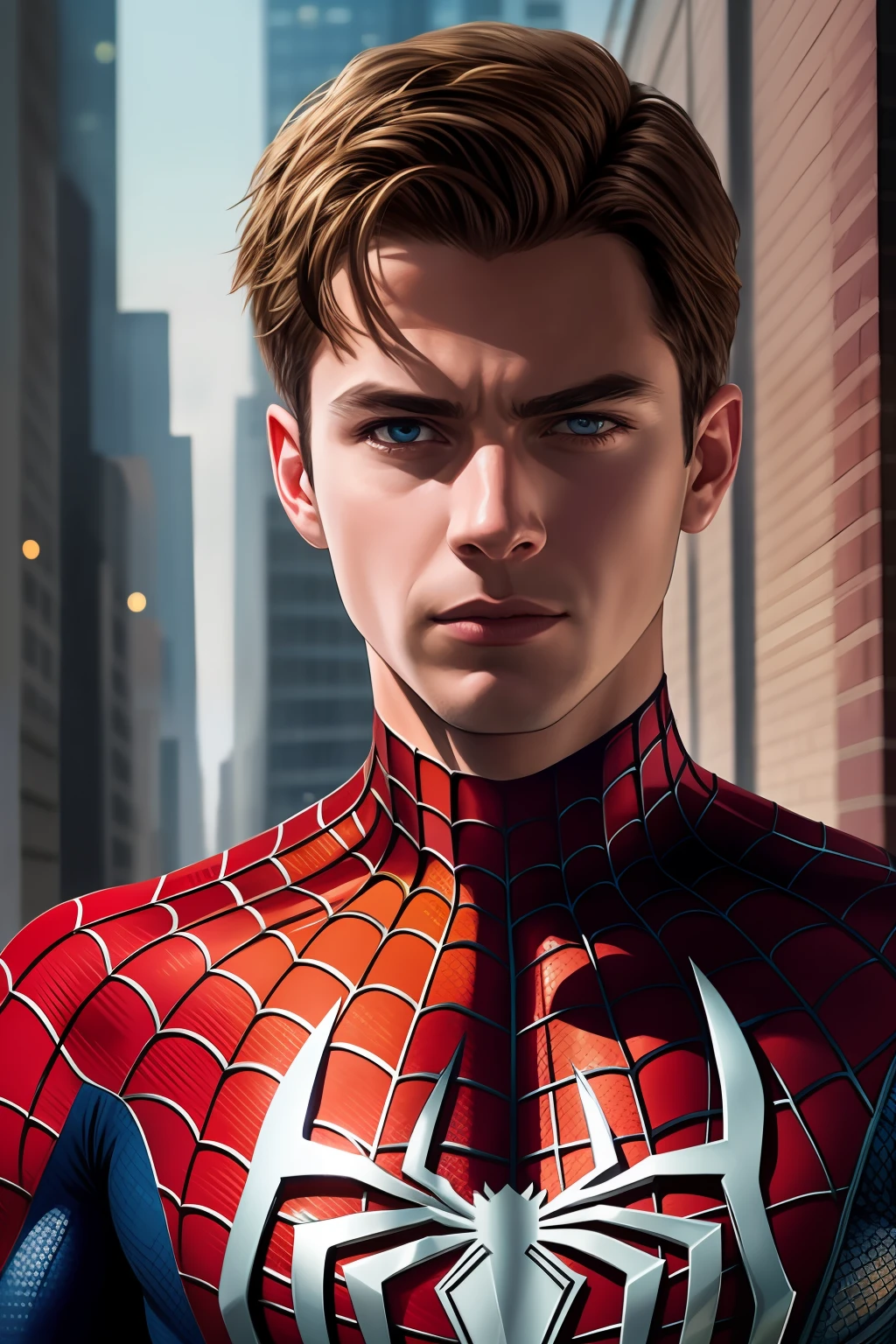 masterpiece, best quality, realistic, half body shot of Spiderman, marvel cinematic, detailed face, 8k, uhd, sharp focus