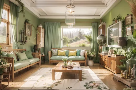Living room sketch，brightly，warm，Simple，rural style，Broken floral fabric，Grass-green walls，best qualtiy，Works of masters，8K分辨率，s...