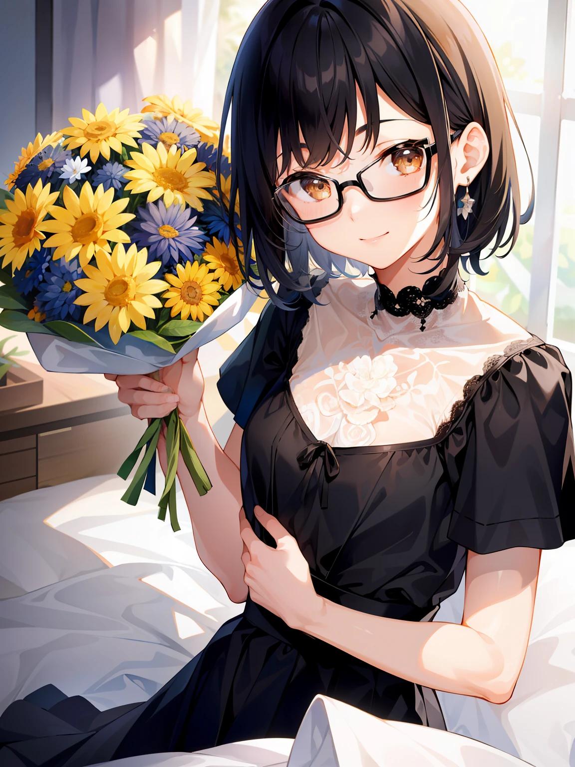 (girl with、solo、a junior high school student、A darK-haired、short-hair、straight haired、hair adornments、Light brown eyes、A smile、wearing black glasses、、cute  face)、​masterpiece、best qualtiy、Ultra-detail、illustratio、White lace blouse、Black pants、holding a bouquet of flowers in both hands