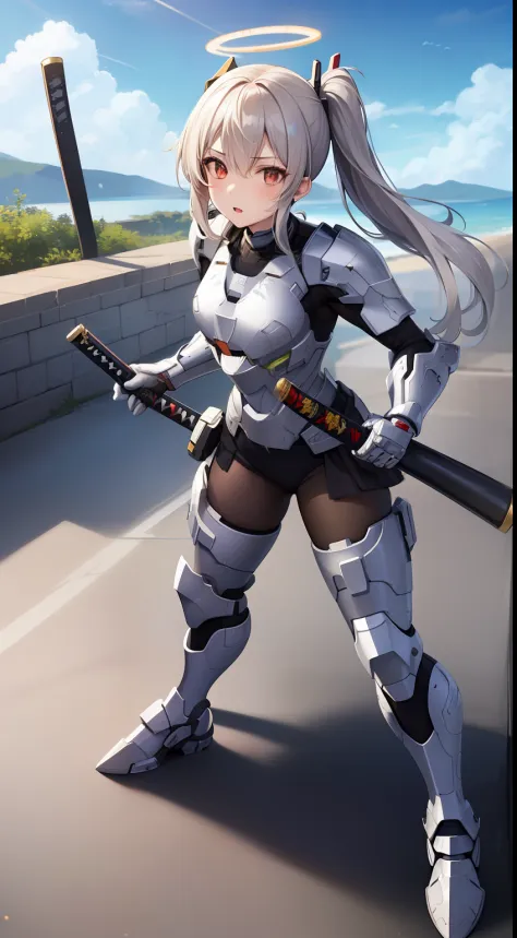 1 girl, solo, Ayanami from Azur Lane, fighting stance, katana in hand, massive great laser sword, swinging sword, highly detailed katana, (masterpiece), (best quality), detailed eyes, beautiful hands, straight hands, shiny hair, light blonde hair, hair in ...