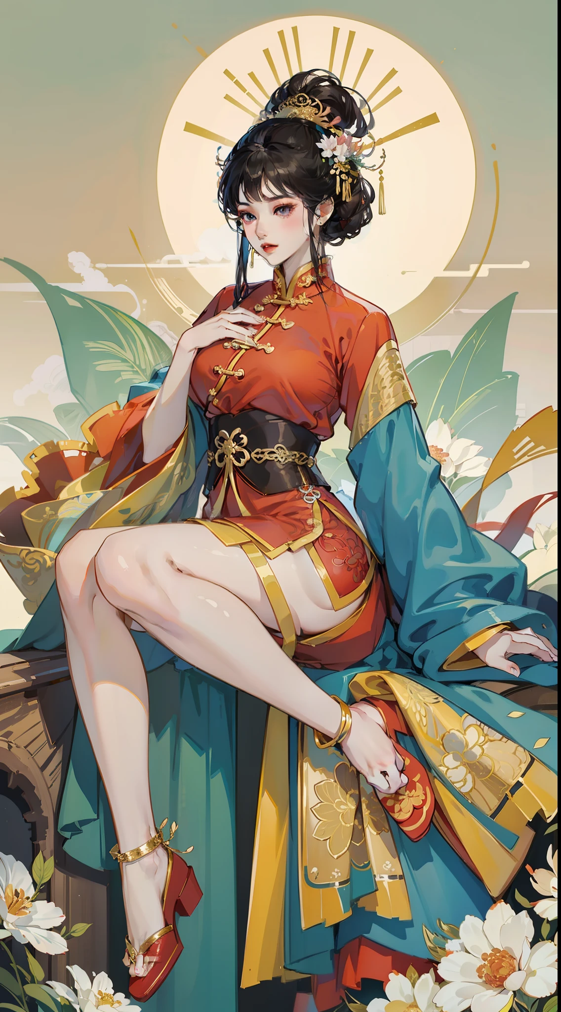 Bigchest，爆乳，full bodyesbian，The chest is completely covered by clothing，Tight chest，Long skirt hem at the bottom，Cheongsam split off，The sides show the thighs，Wear a long cheongsam skirt，The chest is large，The cheongsam is long to the feet