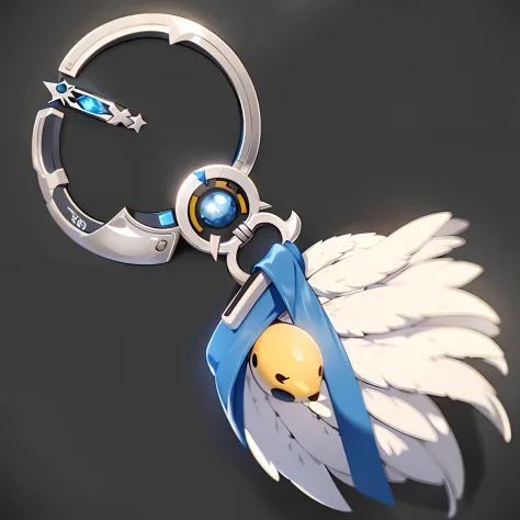 gameicon，Silver metal ring for mobile phone charms，The drapery is a bunch of decorative feathers，There are blue ribbons，and yellow accents，Estilo de Makoto Shinkai
