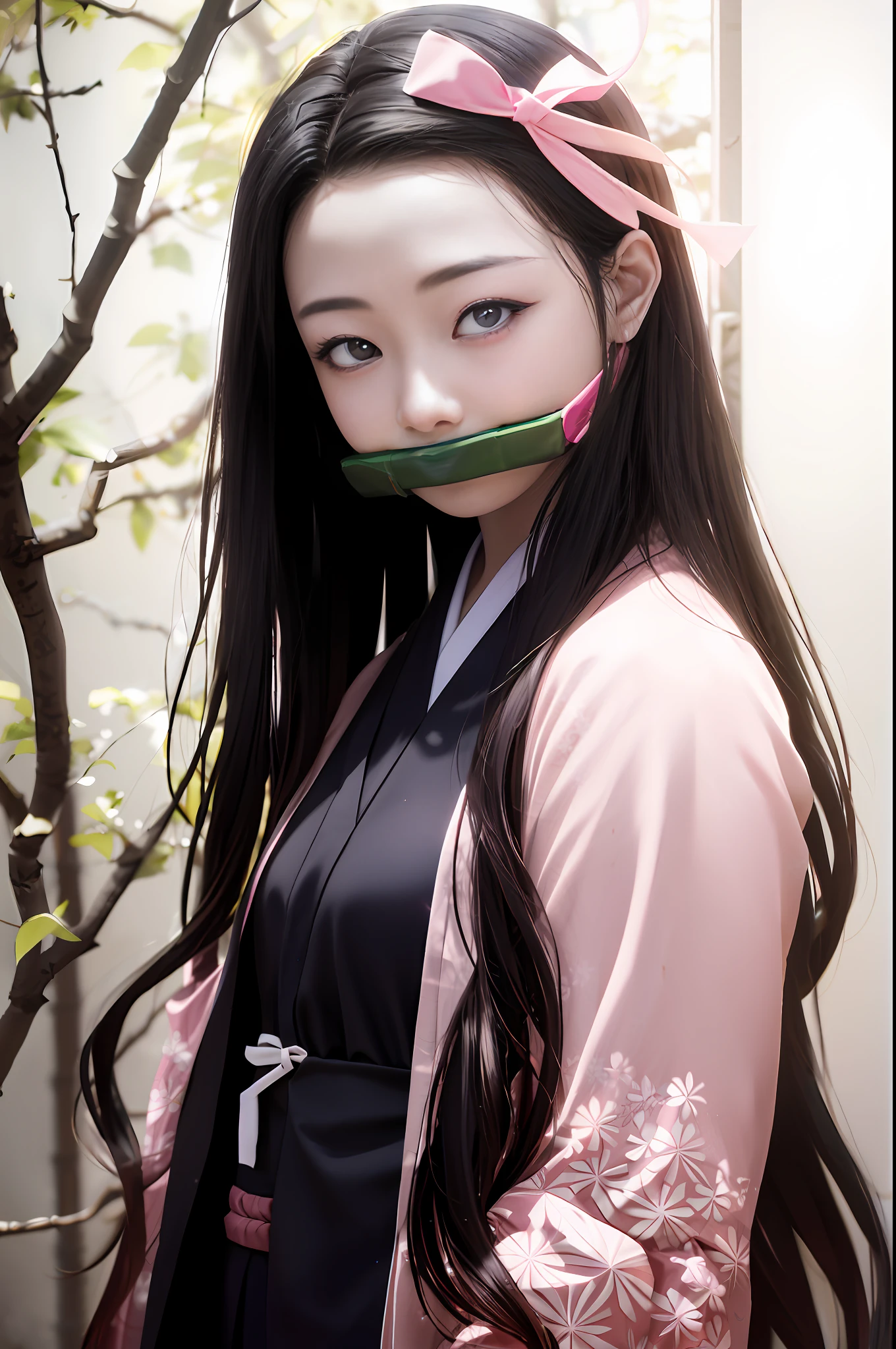 tmasterpiece， （Photorealsitic：1.5）， photorealistic eye， bamboos，Asian woman， Best quality at best， beautiful illumination， profesional lighting， photon maping， Radio City， physically-based renderingt，
kamado nezuko， 1girll， brunette color hair， forehead， tress ribbon， Japanese clothes， komono， long whitr hair， O cabelo multicolorido， a pink eyes， Pink kimono， pink ribbons， ribbons， Very long hair， A bit gagged， gaggage， Skysky， （（Idade）），
（RAW photogr，8K  UHD，filmgrain）