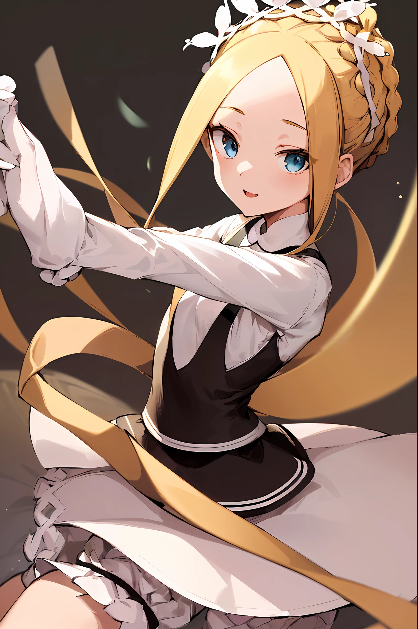 anime hmaw5, braid, maid headdress, maid, white shirt, bloomers, sleeves past wrists, fashionable, woman, vibrant, outfit, posing, front, colorful, dynamic, forest background, elements, happy, expression, holding, statement, accessory, majestic, striking, modern, trendy, focus, fashion