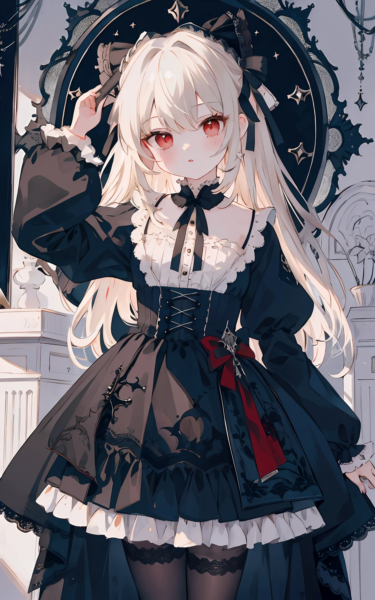​masterpiece, top-quality, ​masterpiece, top-quality,ighly detailed,{top-quality}, {{​masterpiece}}, {hight resolution},original, {extremely delicate and beautiful},​masterpiece, top-quality,ighly detailed,{top-quality}, ((((lolita)))), frilld、Evil Flower{hight resolution}, Very detailed 8k wallpaper, 1girl in, red eyes,
(Low Gothic:1.24)、