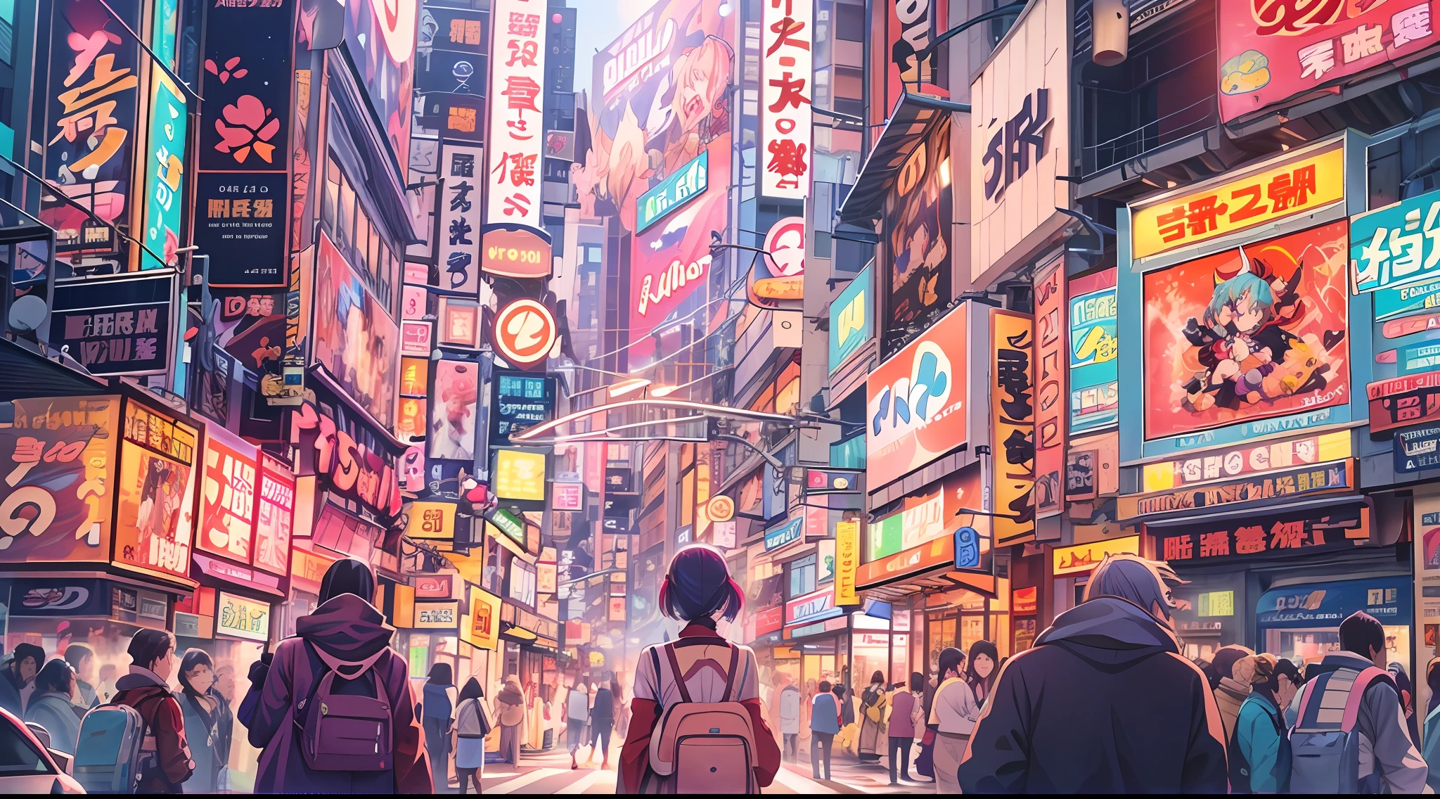 Explore the vibrant streets of "akihabara" - neon lights, bustling crowds, anime paradise, game arcades, manga shops, cosplay culture, maid cafes, tech gadgets, futuristic vibes, energetic atmosphere, otaku haven.