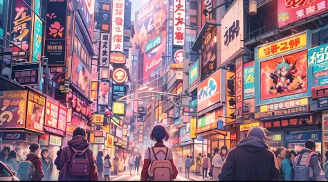 Explore the vibrant streets of "akihabara" - neon lights, bustling crowds, anime paradise, game arcades, manga shops, cosplay cu...