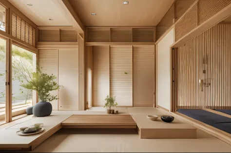 Kouichi Kimura style modern Japanese living room design, The open living room connects the main courtyard and a wooden platform ...