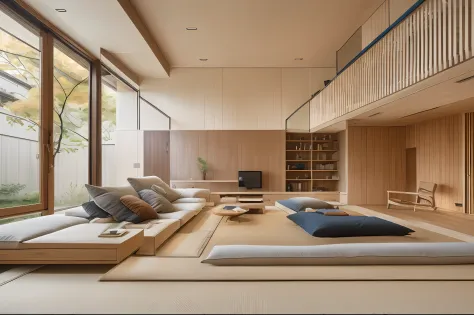 Kouichi Kimura style modern Japanese living room design, The open living room connects the main courtyard and a wooden platform ...