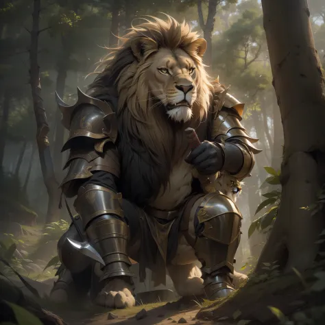 obra prima , artistic work , alta qualidade , A big lion, forte e robusto, Imposing in human and warrior form in a sturdy armor and battle signs and with a large axe in hand in the middle of the animalistic-themed forest in 8k , Full HD beautiful picture g...