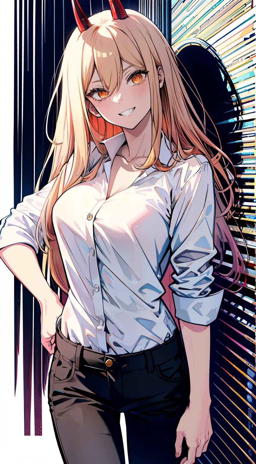 top-quality,​masterpiece,Masterpiece,8k,1人の女性,1girl,独奏,without background,Pure white background,Two red horns,blondehair,a blond,Long,straight haired,Orange eyes,Cross-patterned pupil,Bullish smile,ridicule,(Jagged teeth),White shirt,White shirt,Black pants,is standing,Walking posture,full bodyesbian,