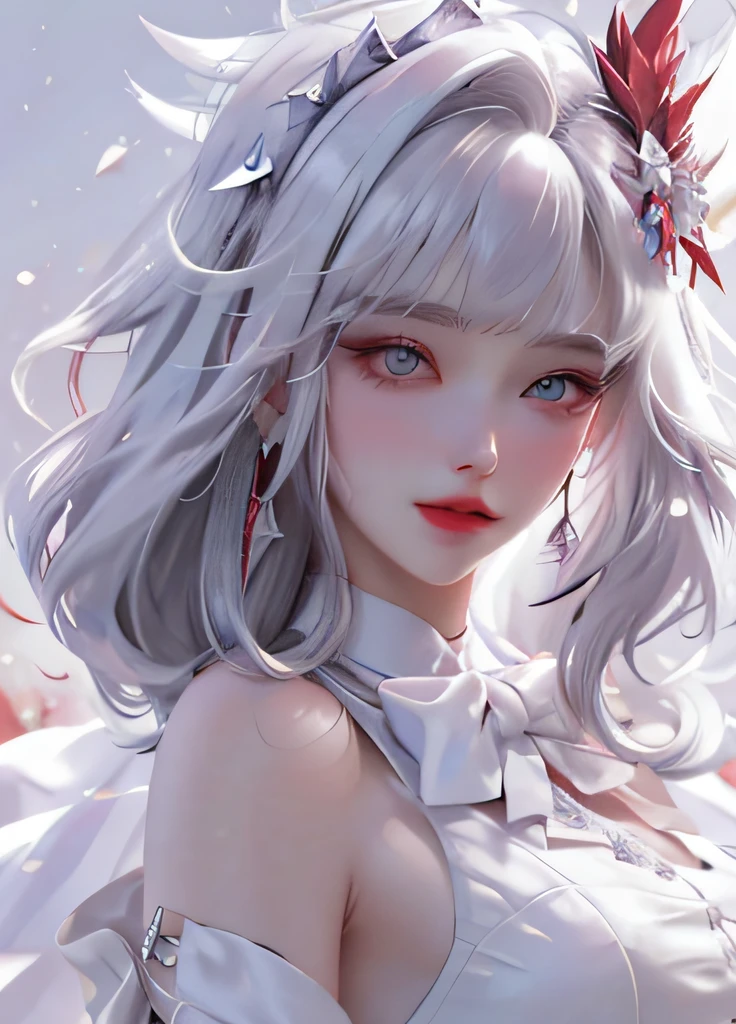 tmasterpiece，delicated，illustratio，（pupils sparkling：1.1），Red lips，Plain white background，White hair，stray hair，Long bangs，eyebrows very，（whitegreydress：1.1），white bowties