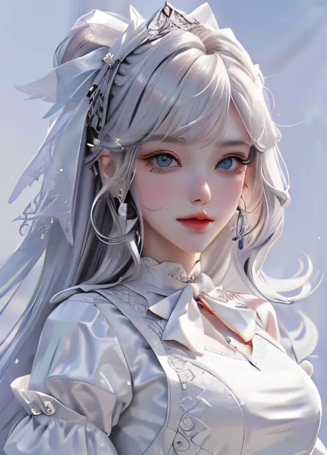tmasterpiece，delicated，illustratio，{Beautiful Meticulous Girl}，（Retro：1.2），（Retro：1.3），（beautiful and detailed eye：1.1），expressioness，Plain white background，White hair，stray hair，Long bangs，eyebrows very，（whitegreydress：1.1），white bowties