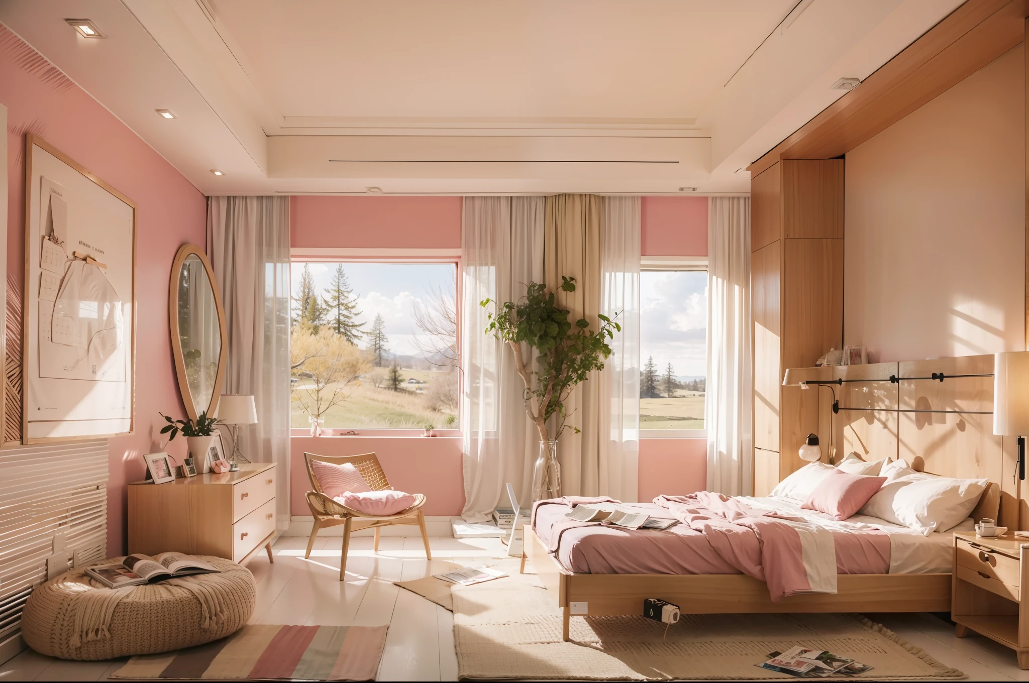 Schlafzimmerskizze，hell，warm，einfach，Ländlicher Stil，rosa Wände，beste Qualität，Werke von Meistern，8K-Auflösung，superfein，Detaillierte Schambehaarung，Genau，dynamischer Betrachtungswinkel