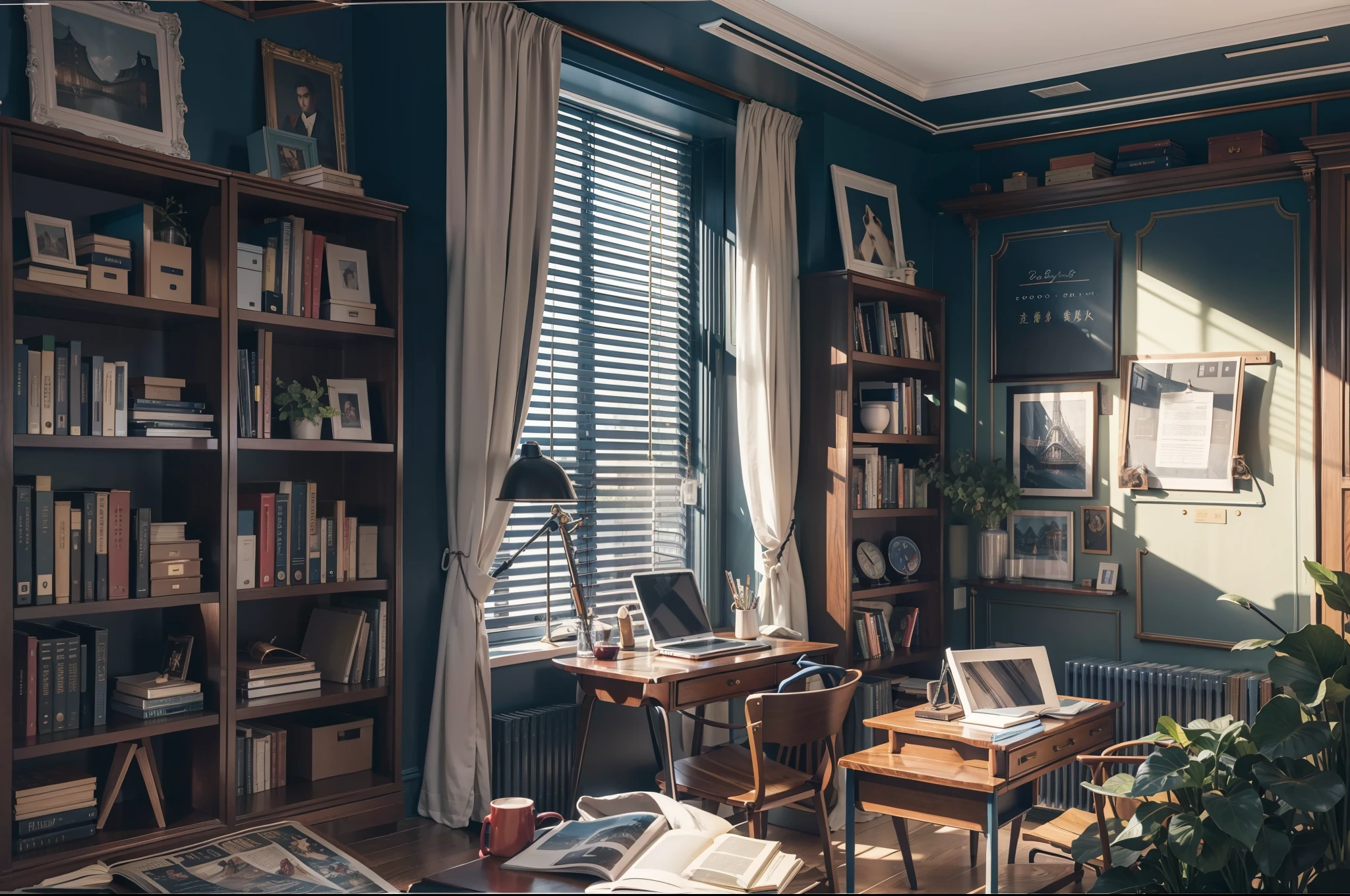 Study sketch，brightly，warm，Simple，Preppy style，Dark blue walls，bookshelves，Study desk，best qualtiy，Works of masters，8K resolution，super-fine，Detailed pubic hair，Accurate，dynamic viewing angle