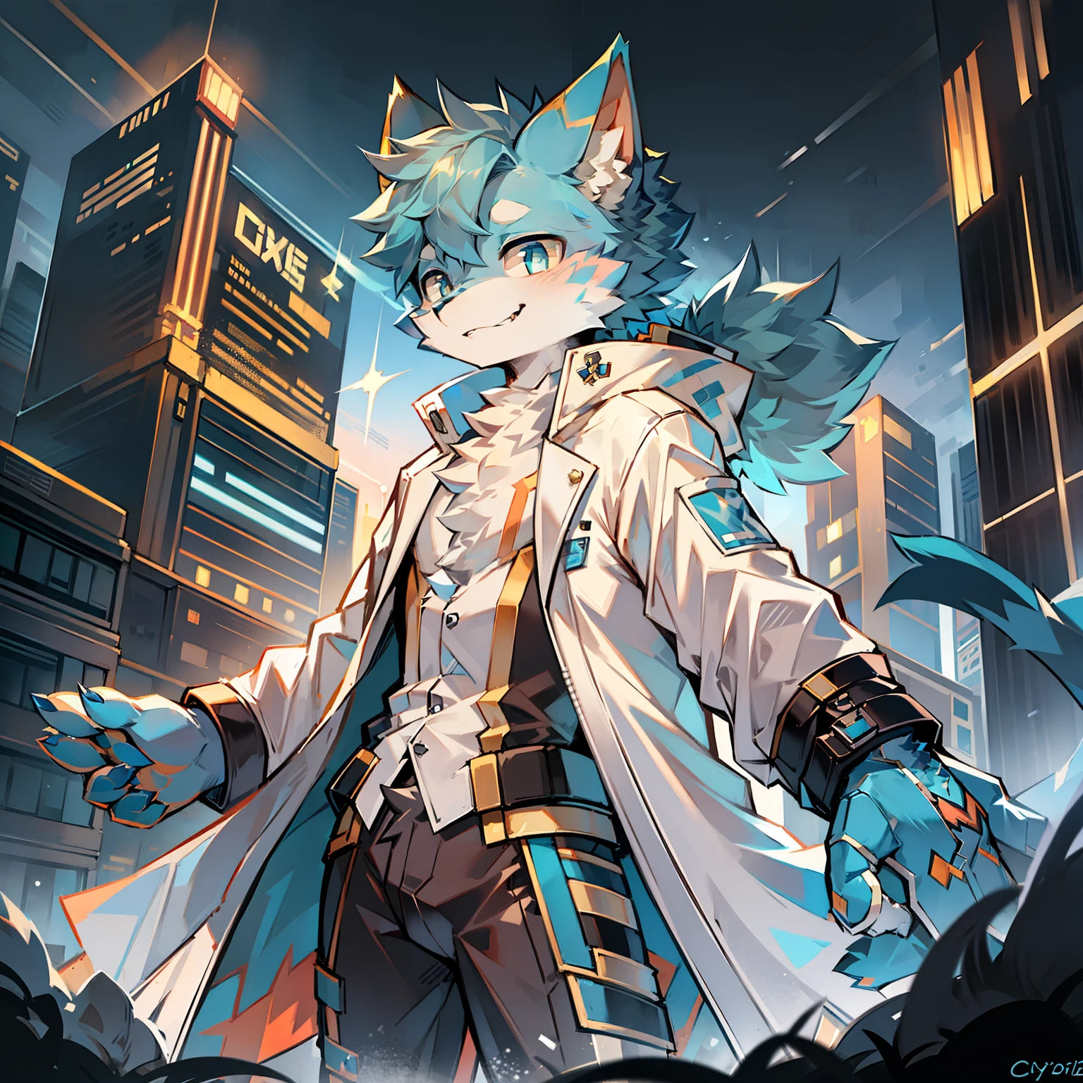 Cybermetropolis，Thunder，drifting snow，Male blue cat，Electronic left eye，Chinese trench coat