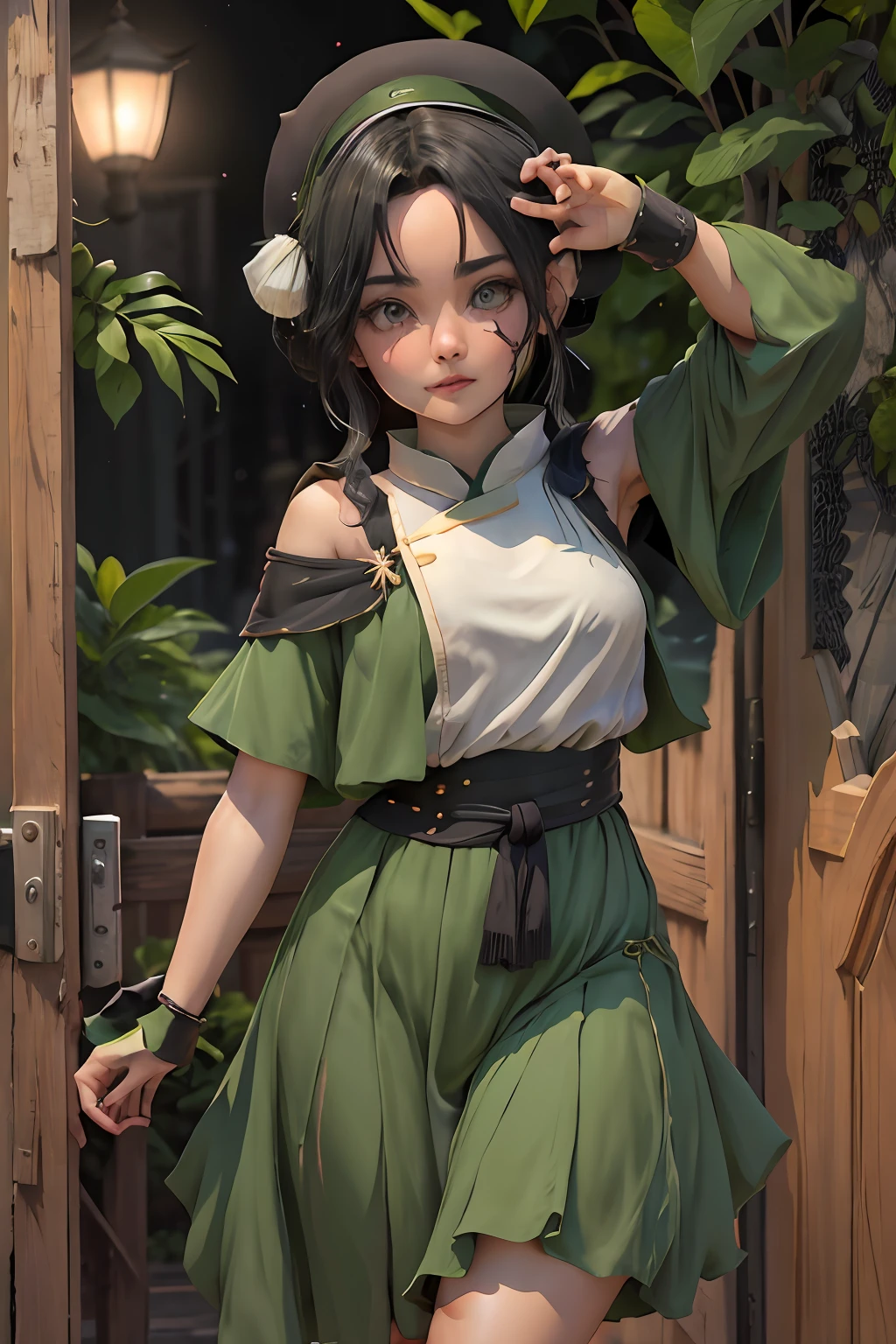Masterpiece artwork, best qualityer, highres, 1girl, 独奏, Bblack hair, hair band, waist belt, shorth hair, ful dressed, blue colored eyes, hair bun, hair band verde, blind, sexy chinese clothes, hair bun, ful dressed verde, neckleace,shortsleeves, pelvis curtain, park, racing, pointed chest, neckleace 
super neckleace