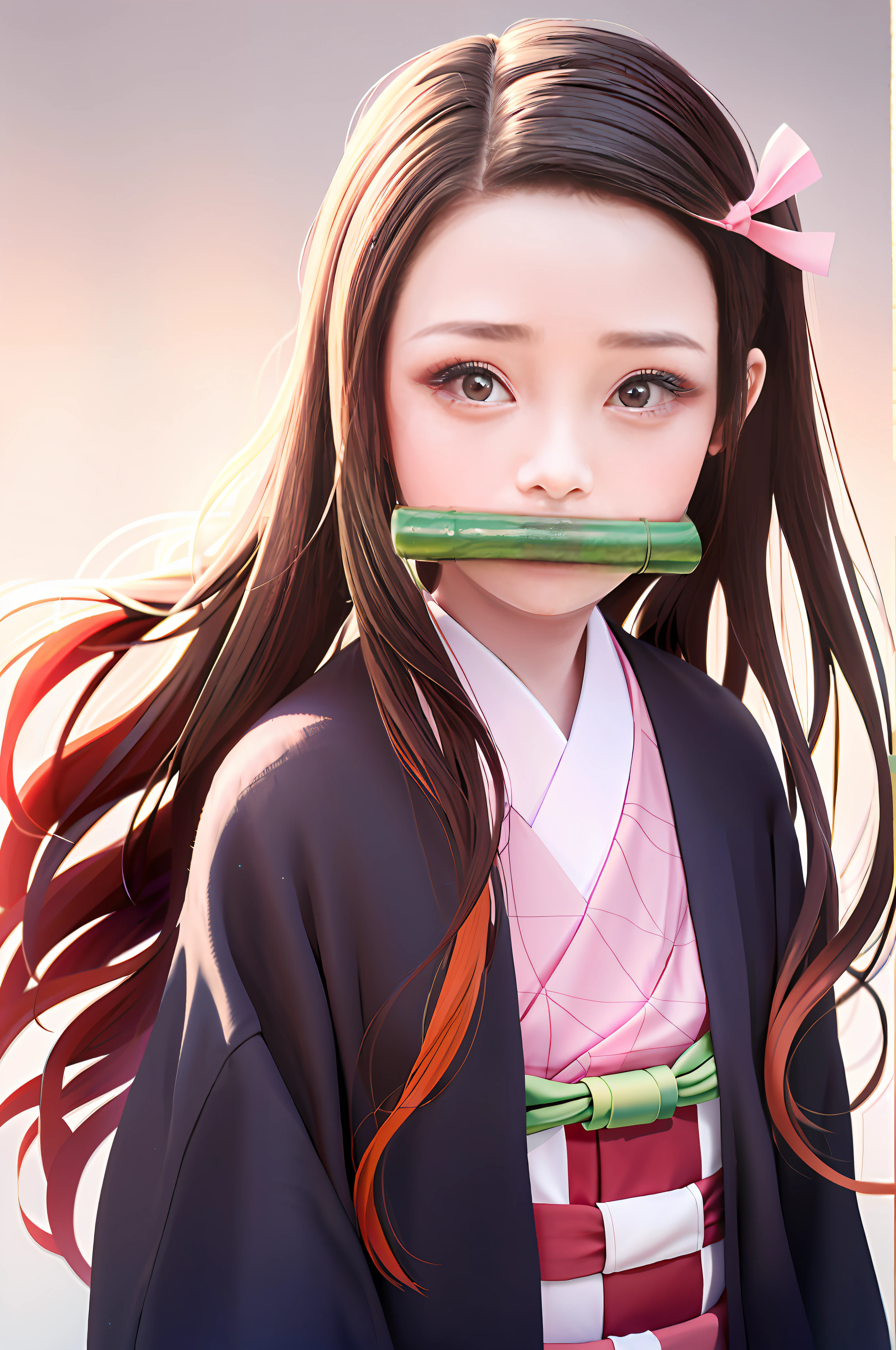 kamado nezuko, 1girl, bamboo, bit gag, brown hair, checkered sash, gag, gagged, gradient hair, hair ribbon, haori, japanese clothes, kimono, long hair, looking at viewer, multicolored hair, orange hair, pink eyes, pink kimono, pink ribbon, ribbon, solo, upper body,   ((masterpiece))