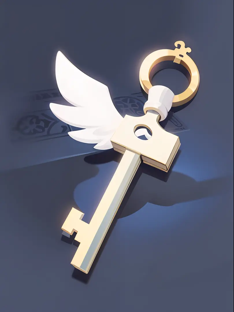 A game icon，A key with great detail，White predominantly，It has a blue ribbon on it，There are a few gold accents，Estilo de Makoto Shinkai