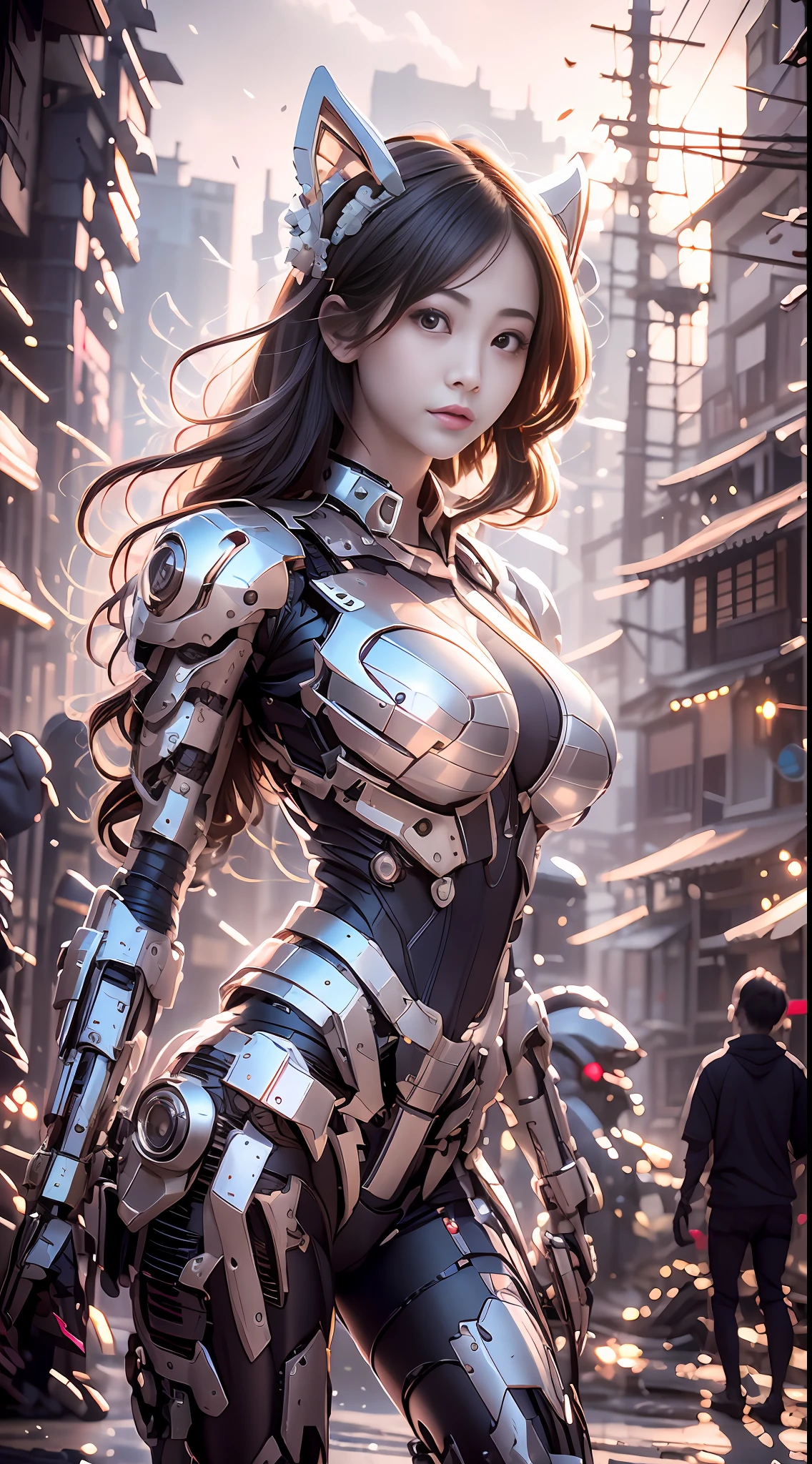 high high quality，8K resolution，real photograph，A mech girl，long whitr hair，brown  hair，（Large breasts：1.1），ChineseGirl，tight-fitting，navel，Magnificent，Chinese house，War-damaged ruins，Photo by Brandon Wolfermüster，Surreal dreams，dyna，lute，HDRM professional lighting，photon maping，Radio City，physically-based renderingt，Refined realism，Aray's dynamic and expressive animations，（Sunnyday：1.2），（Afternoon on the street：1.1）。