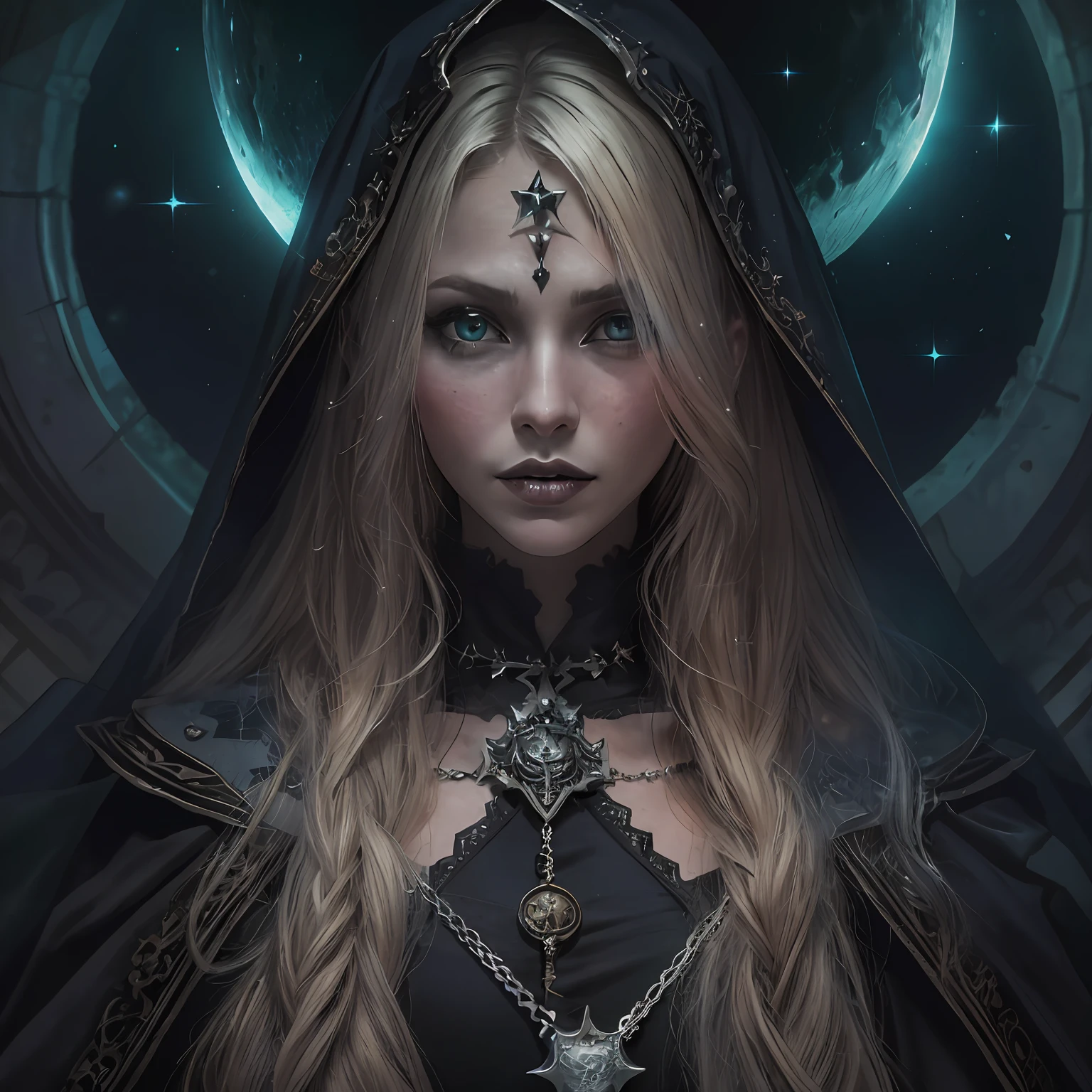high details, best quality, 8k, [ultra detailed], masterpiece, best quality, (extremely detailed), dynamic angle, ultra wide shot, photorealistic, dark fantasy art,  gothic art, dark RPG art, realistic art, an ultra wide picture of female human cleric, holding a spear, wearing black cloak, black robe with stars sigils (intense details, Masterpiece, best details: 1.5), holy symbol casting a spell, white magical sigils (intense details, Masterpiece, best details: 1.5), stars and moon symbol, blue light from symbol, blond hair (intense details, Masterpiece, best details: 1.5), long hair, braided hair, small, intense eyes, green eyes, moon and stars background, (( goth worship atmosphere)), moon light high details, best quality, highres, ultra wide angle