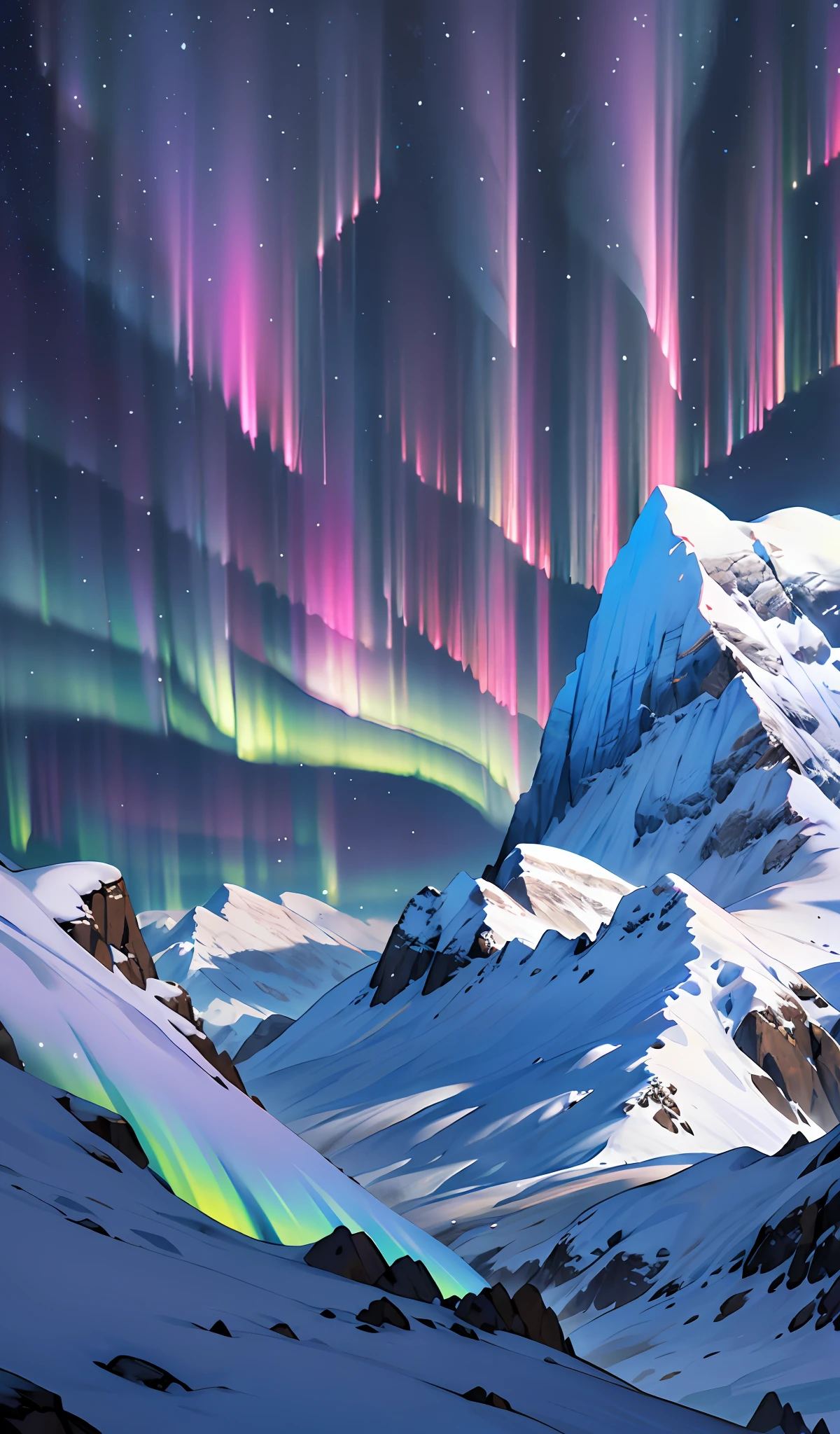 Mountains covered in snow and aurora lights in the sky - SeaArt AI