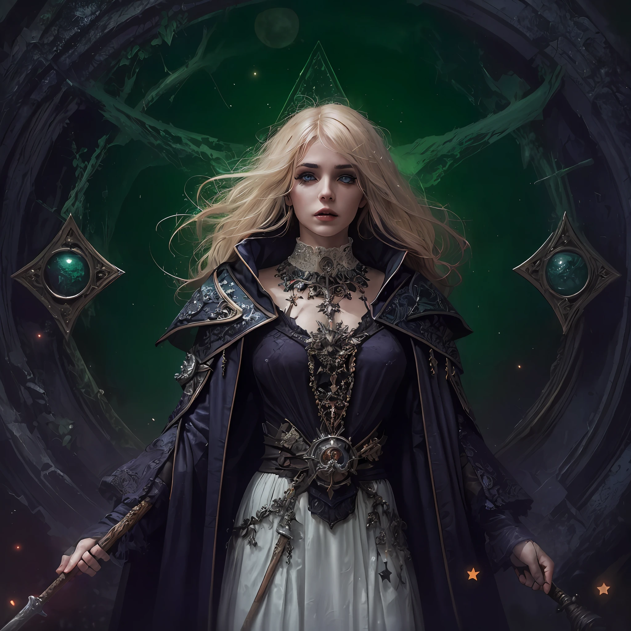 high details, best quality, 8k, [ultra detailed], masterpiece, best quality, (extremely detailed), dynamic angle, ultra wide shot, photorealistic, dark fantasy art,  gothic art, dark RPG art, realistic art, an ultra wide picture of female human cleric, holding a spear, wearing black cloak, black robe with stars sigils (intense details, Masterpiece, best details: 1.5), holy symbol casting a spell, white magical sigils (intense details, Masterpiece, best details: 1.5), stars and moon symbol, blue light from symbol, blond hair (intense details, Masterpiece, best details: 1.5), long hair, braided hair, small, intense eyes, green eyes, moon and stars background, (( goth worship atmosphere)), moon light high details, best quality, highres, ultra wide angle
