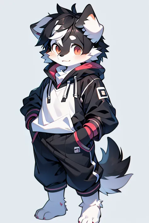 Furry Bernese Mountain Dog Forelimb Leg Leg Standing Shota Little Boy Overall White Head, Arms, Body and Legs with Bluish Black Pattern All Over Body with Pink Meat Pads, Eyes and Pupils Blue, Furry, No Clothing, Two Ears