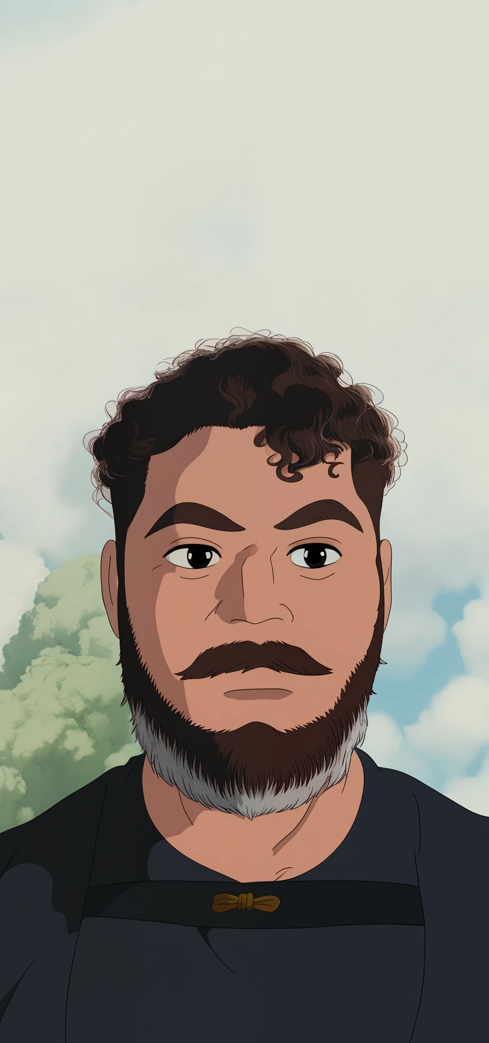 superbe portrait de style Ghibli d’un homme barbu asiatique représenté avec précision, mettant en valeur ses mèches bouclées et ses traits du visage frappants, Visage oval