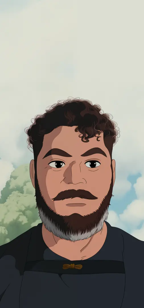 stunning Ghibli-style portrait of an accurately depicted bearded Asian man, showcasing his curly locks and striking facial features, oval face
