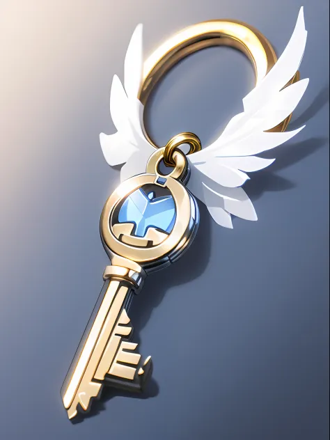 An icon，Draw a simple men's key，There is a certain wing element，The keys are silver，White predominantly，There are blue ribbons and gold accents，in style of ghibli