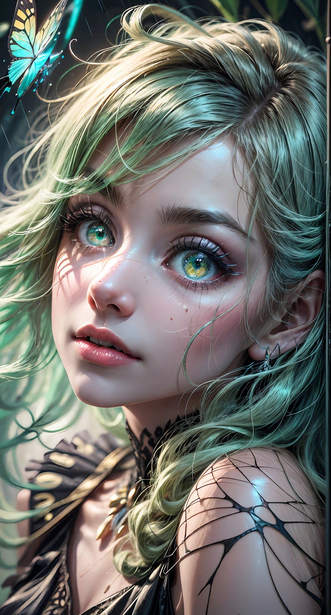 illustration, cinematic light, highres, highest quallity, ultra detailed, detailed face, (detailed eyes), best quality, hyper detailed, masterpiece, (detailed face), clean face, sexy mature woman wears transparent (torn) cloths, floating cloth, see through, choker, open cloths,  high heels, green eyes, neon tiny glowing hair ends, dark fantasy forest, glowing plants with neon details, dark magic, (portal:1.15) to the underworld in the background, light reflection, heart shaped iris, playful eyes, open shoulder, rain, (wet body), tiny glowing butterfly, hair jewery,(masterpiece), best quality, ultra-detailed, an extreme close-up of an eye, crisp details, intricate lines, vivid colors, bright highlights, dark shadows, sparkling reflections, depth of field, mesmerizing beauty.