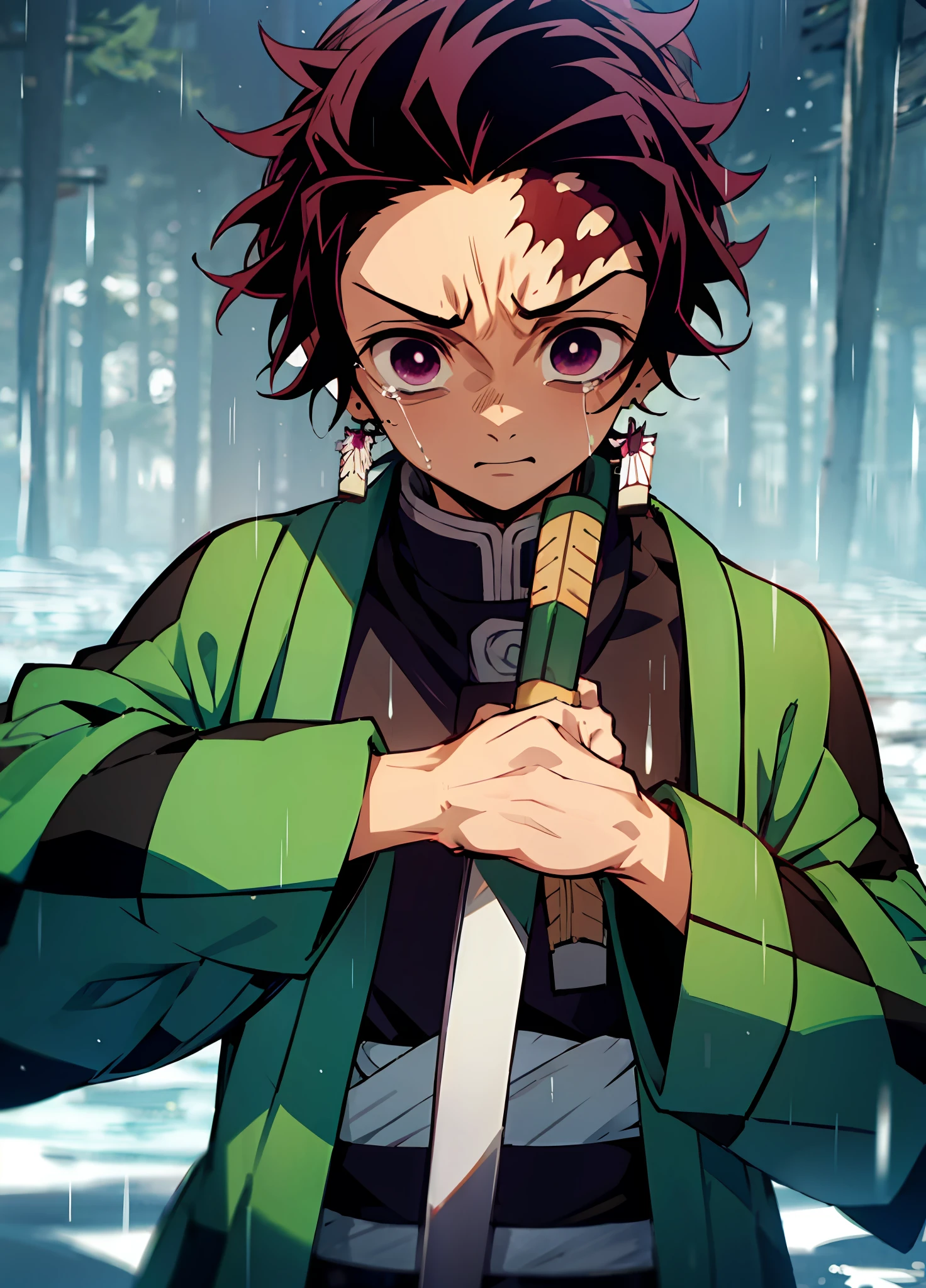 "Kamado Tanjiro from Demon Slayer, heavy rain, crying, gazing at the sky, wearing a green plaid shirt, holding a katana."