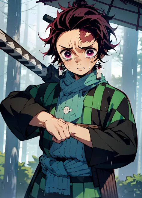 "kamado tanjiro from demon slayer, heavy rain, crying, gazing at the sky, wearing a green plaid shirt, holding a katana."