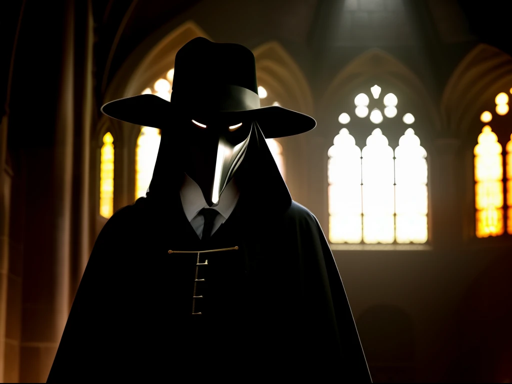 A  plague doctor in an medieval cathedral,   occult, dark theme, volumetric light, natural light, eyes hidden, dark lighting, gloomy