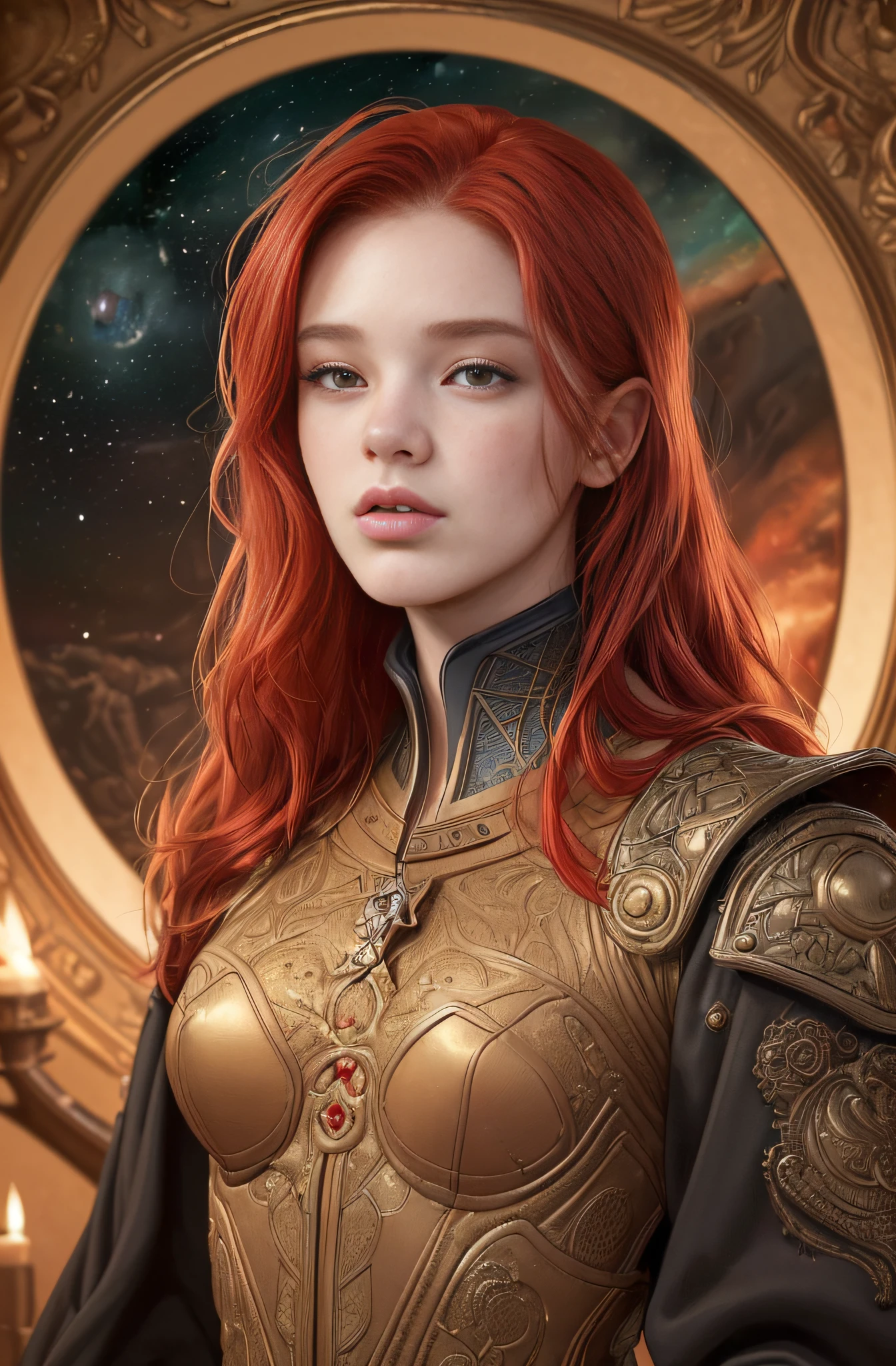 (best quality, masterpiece:1.3),
A highly detailed scifi illustration,
portrait, (detailed facial features), 1girl, red hair,
intricate detailed background,
dreamy,  drawing, trending on artstation, UHD, (((by Laurel D Austin))):1.8, atmosphere, luminosity, front lighting