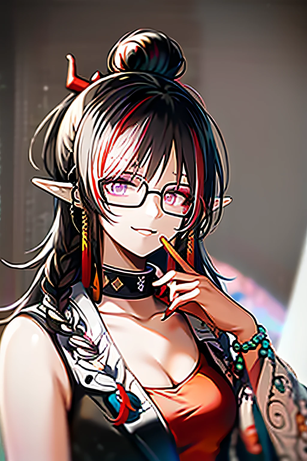 Woman with round glasses and holding a lollipop, Korean girl,  wearing big black circle glasses, ulzzangs, portrait of female korean idol,  Korean Idol，Colored hair，Turn a blind eye