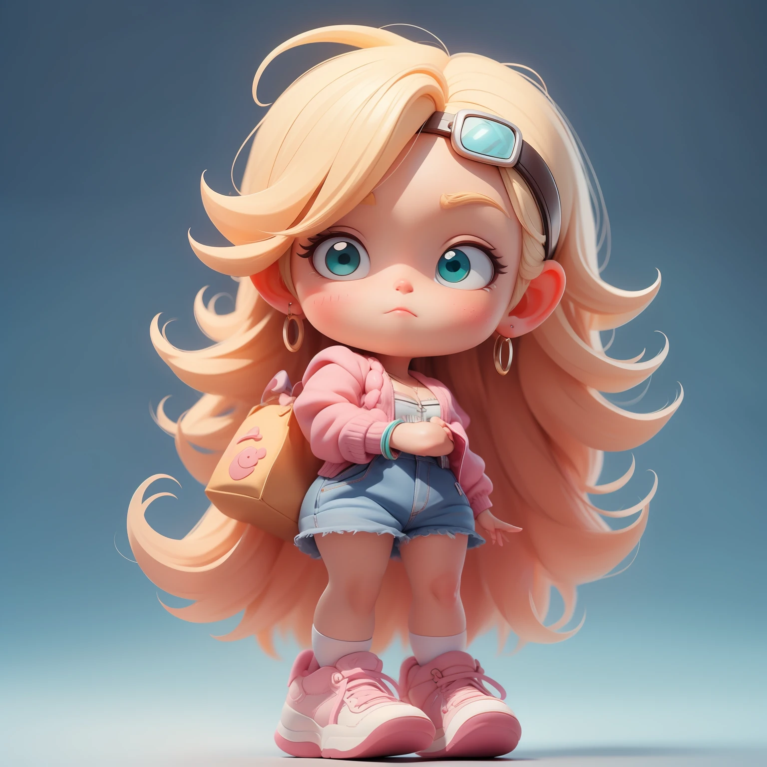 ein supersüßes Mädchen, Ganzkörper, verträumte süße blonde Haar-AccessoiresPopmart Blind Box, IP-Design, sauberer Hintergrund und helles 3D-Rendering, OC-Rendering, 8k, Weicher Fokus, dünn, glänzend, super detailliert --ar 3:6 50 --q 2 --niji 5 --expressiver Stil --s 2