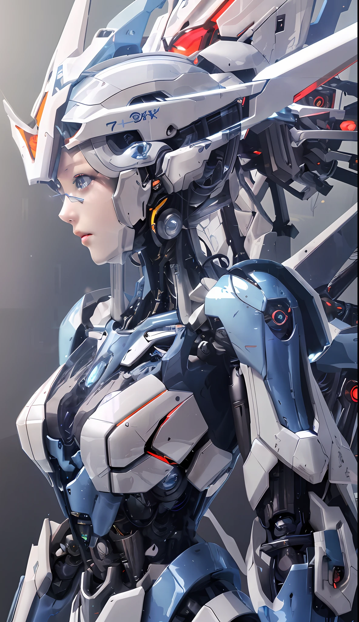 um close up de um robô com um olhar futurista no rosto, anime robótico misturado com orgânico, mecha de garota anime cyberpunk, mulher ciborgue de anime perfeita, garota com armadura cibernética mecha, estética de mecha de anime, arte digital avançada de anime, mecha feminina, garota andróide perfeita, arte digital detalhada de anime, linda garota ciborgue, Garota Valquíria Mecanizada, arte digital avançada de anime