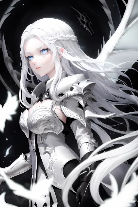 Dragon Girl, white colored hair, silver eyes, Lots of silver and black, Silver Dragon, Black Armor, gloomily, the night